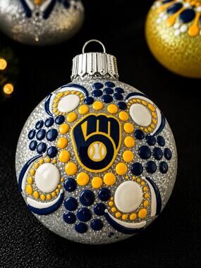 Milwaukee Brewers Hand-Painted Shatterproof Ornament 3” Dot Mandala